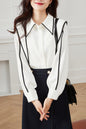 Women's Contrast Collar V Neck Lantern Sleeve Blouse