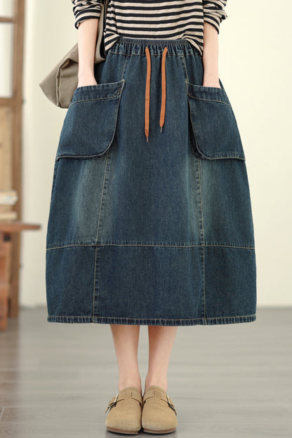 Women's Denim Drawstring Waist Pockets Jean Skirt
