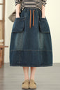 Women's Denim Drawstring Waist Pockets Jean Skirt