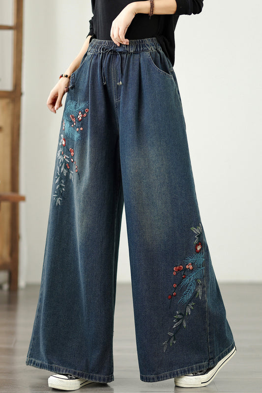 Women's Baggy Jeans Embroidery Drawstring Waist Wide Leg