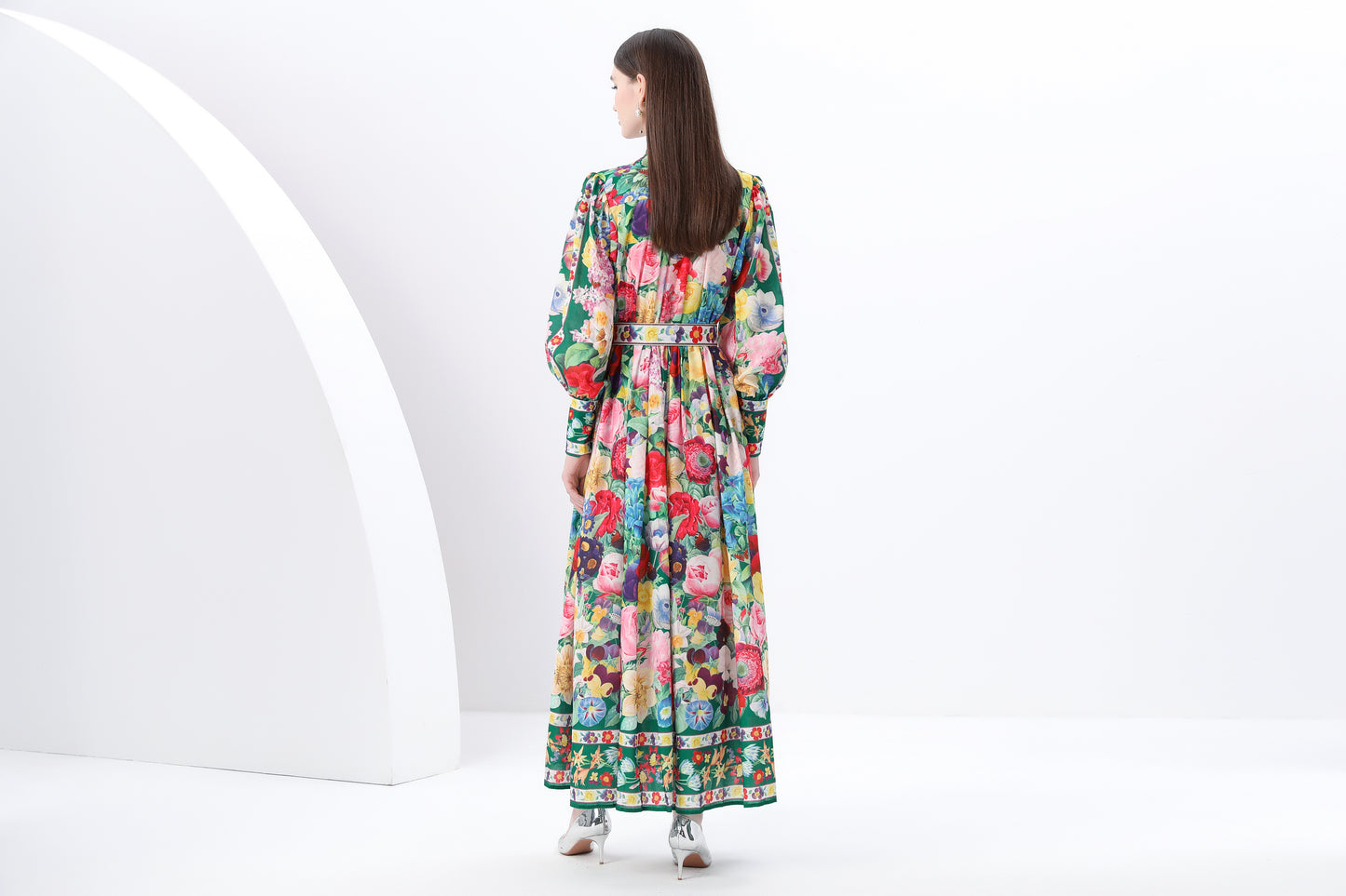 Women's Printed High-neck Puff Sleeves Maxi Dress