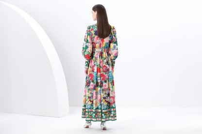 Women's Printed High-neck Puff Sleeves Maxi Dress