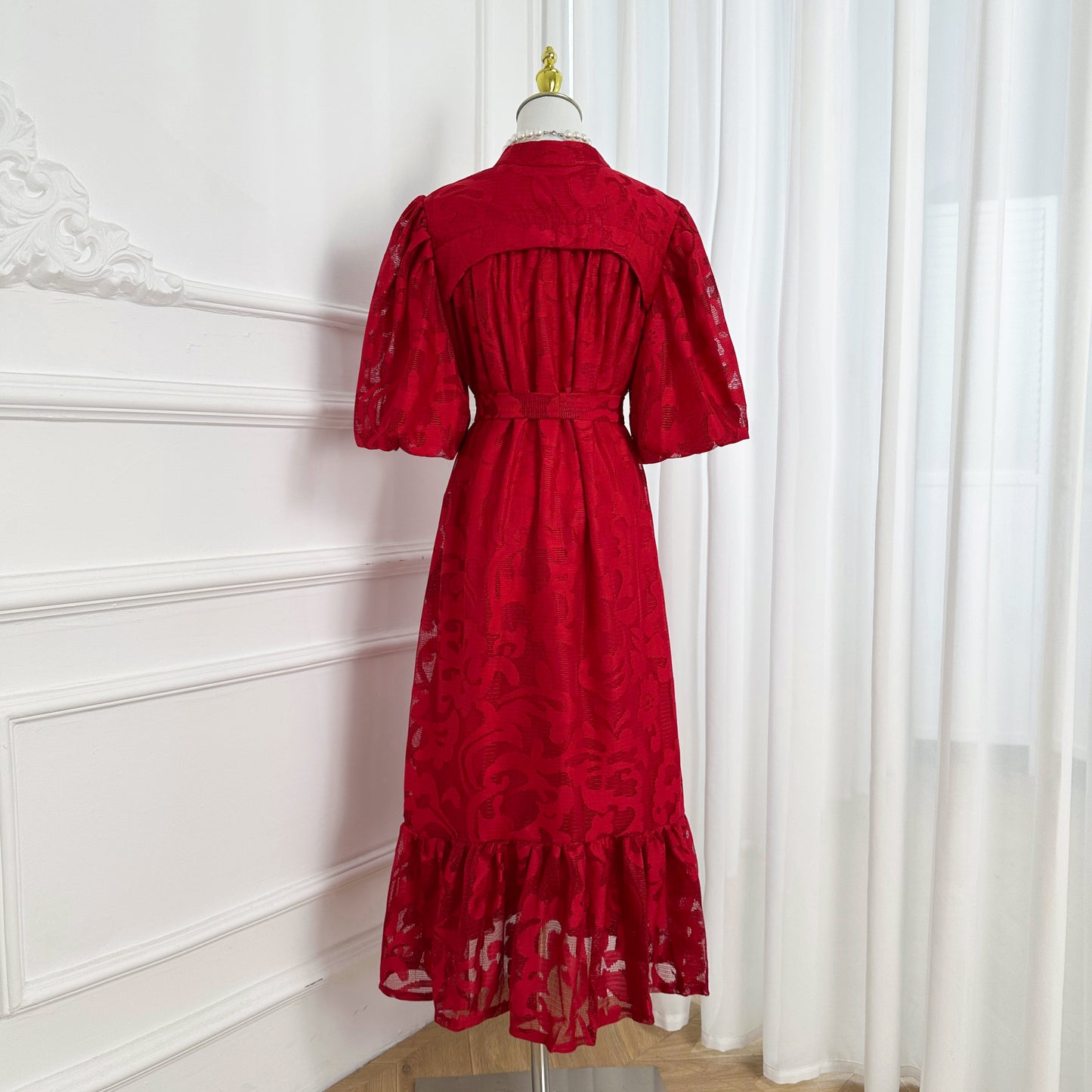 Loose Lace Midi Dress with Front Buttons, Ruffle Hem & Fully Lined - LAI MENG FIVE CATS