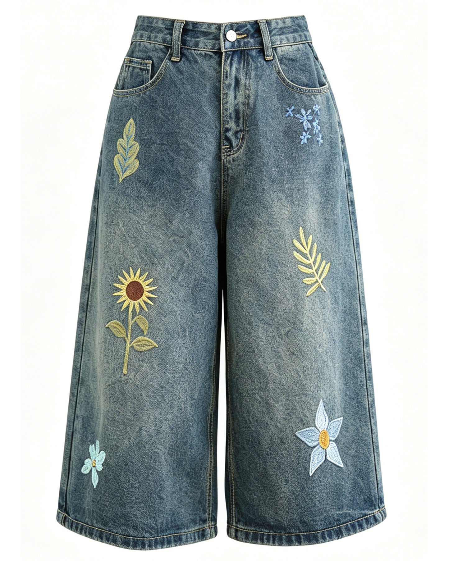 Embroidered Cropped Wide Leg Jeans | Floral Summer Denim