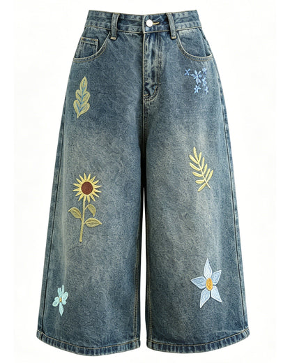 Embroidered Cropped Wide Leg Jeans | Floral Summer Denim