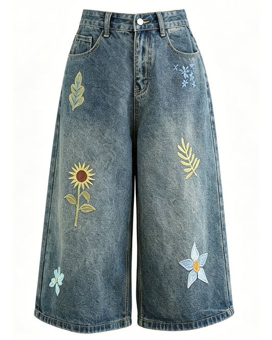 Embroidered Cropped Wide Leg Jeans | Floral Summer Denim