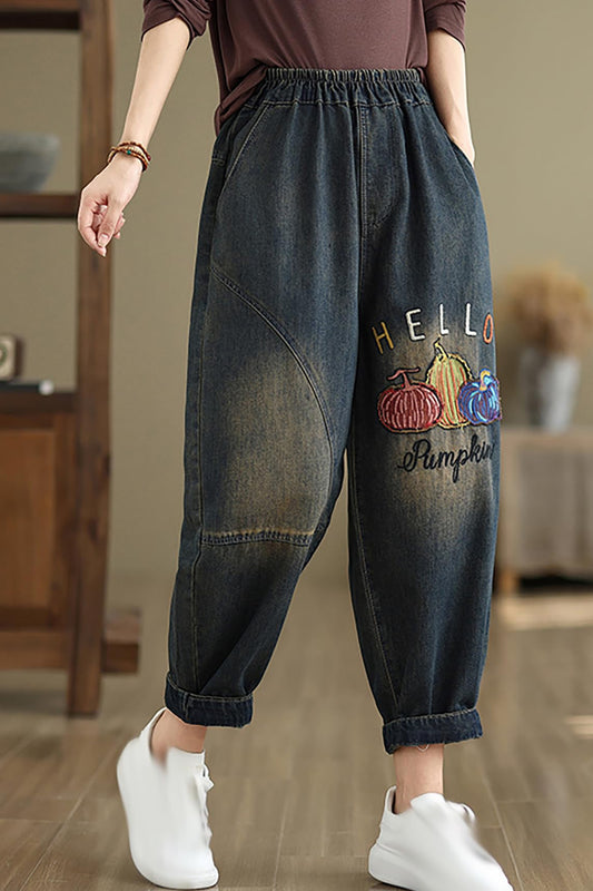 Jeans Denim Loose Pants Elastic Waist with Pocket