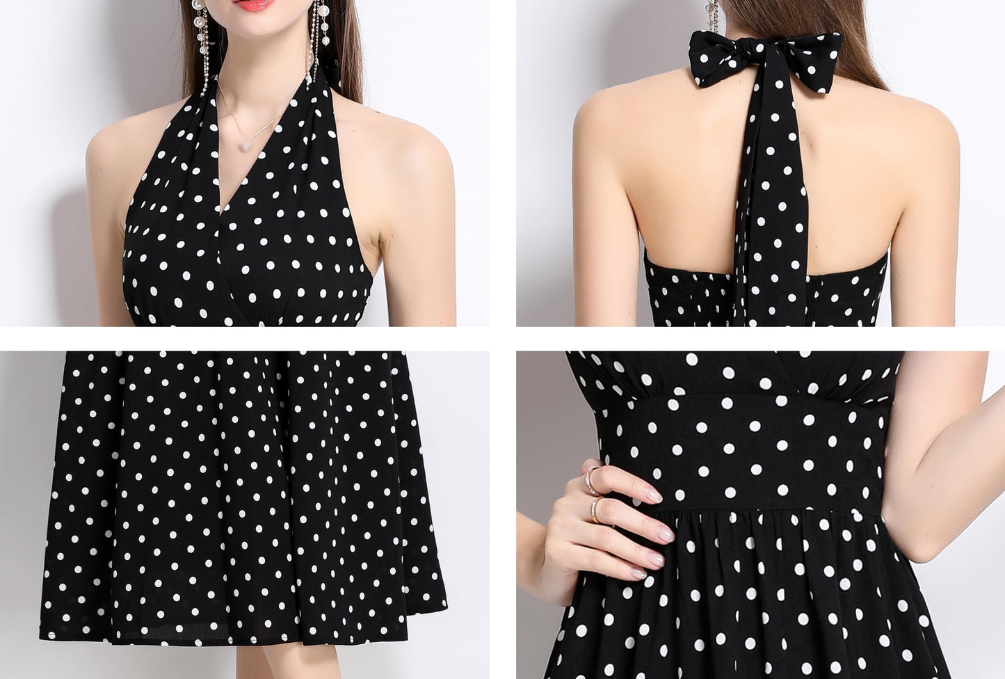 Women’s Polka Dot Halter Backless V-Neck Midi Dress