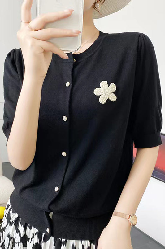 Women's Button Knit Tops Floral Print Casual Blouse