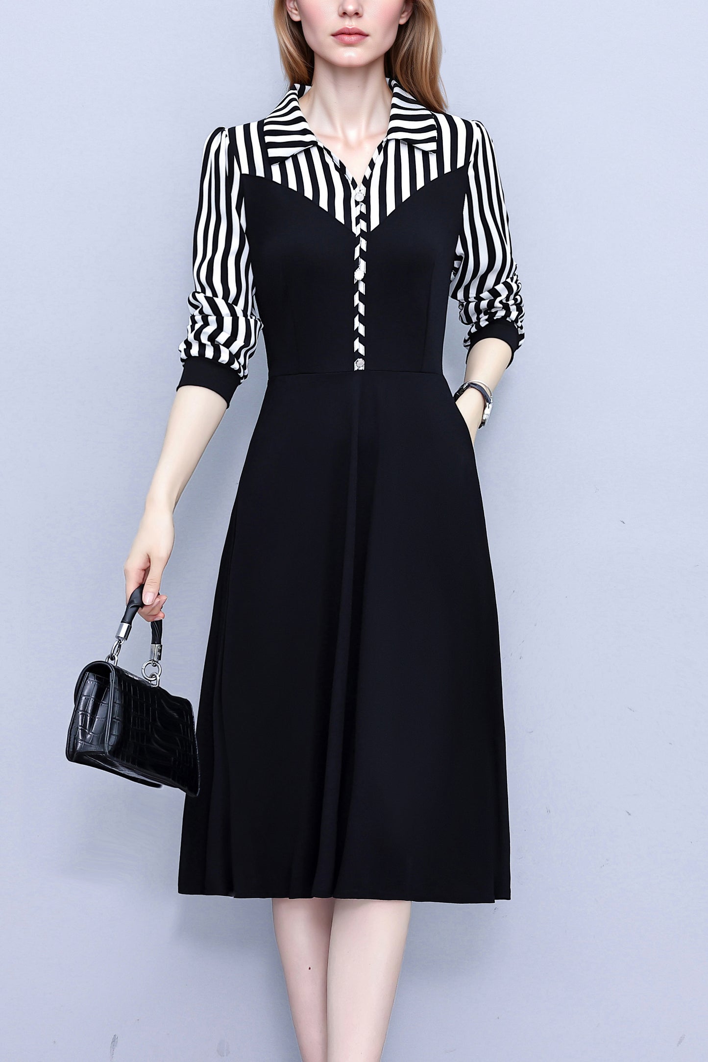 Women's V-Neck Long Sleeve with Pockets Black Dress