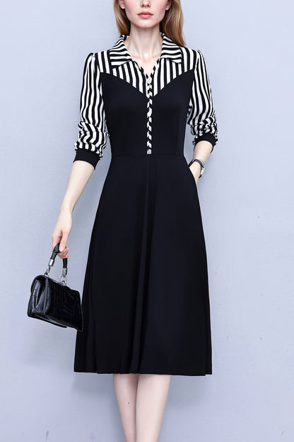 Women's V-Neck Long Sleeve with Pockets Black Dress