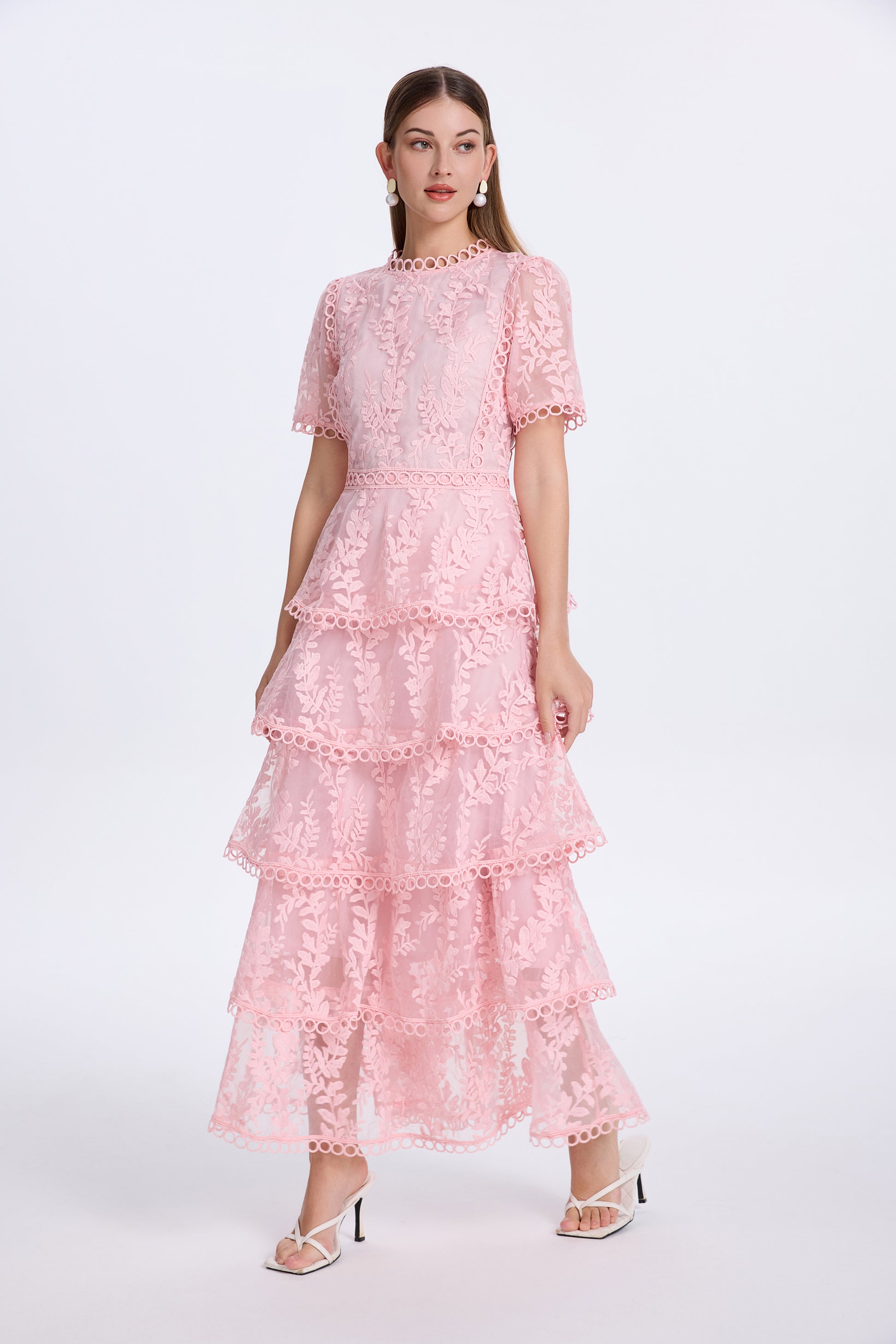 Embroidered Mesh Short Sleeve Tiered Layed Maxi Dress LAI MENG FIVE CATS Embroidered Mesh Short Sleeve Tiered Layed Maxi Dress LAI MENG FIVE CATS