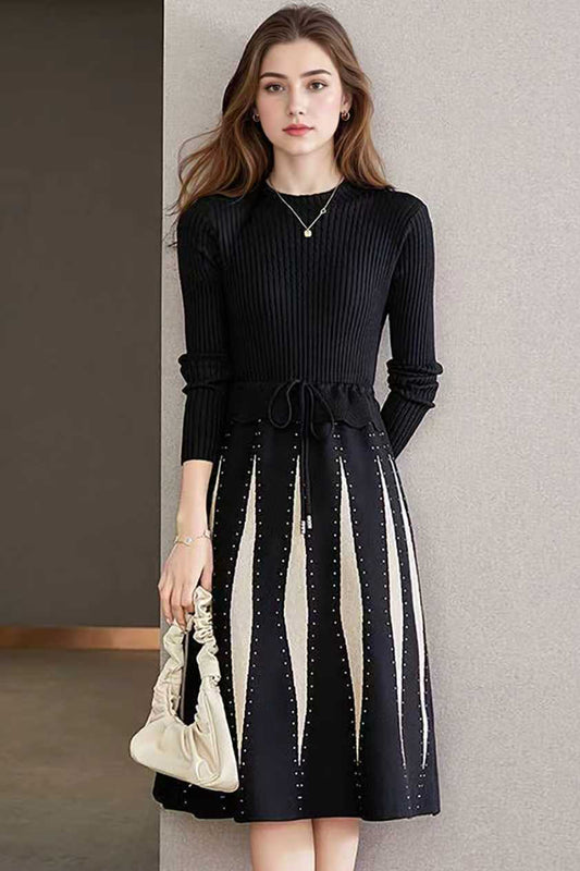 Women Stripe Crew Neck Drawstring Knit Dress