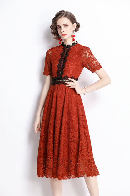 Women's Short Sleeve Floral Lace Cocktail Party Midi Dress