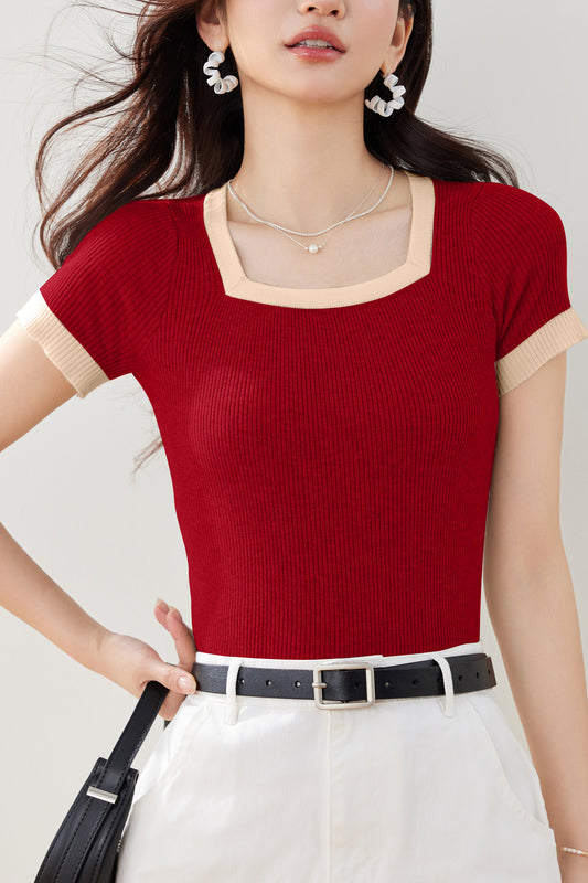 Women's  Square Neck Color Block Ribbed Knit Blouse