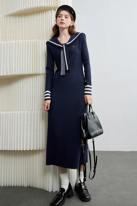 Women's V-Neck Sailor Stripe Sweater Knit Midi Dress