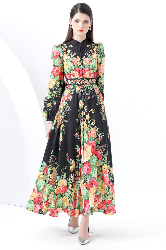 Women's Floral Print Puff Sleeve Split Maxi Dress