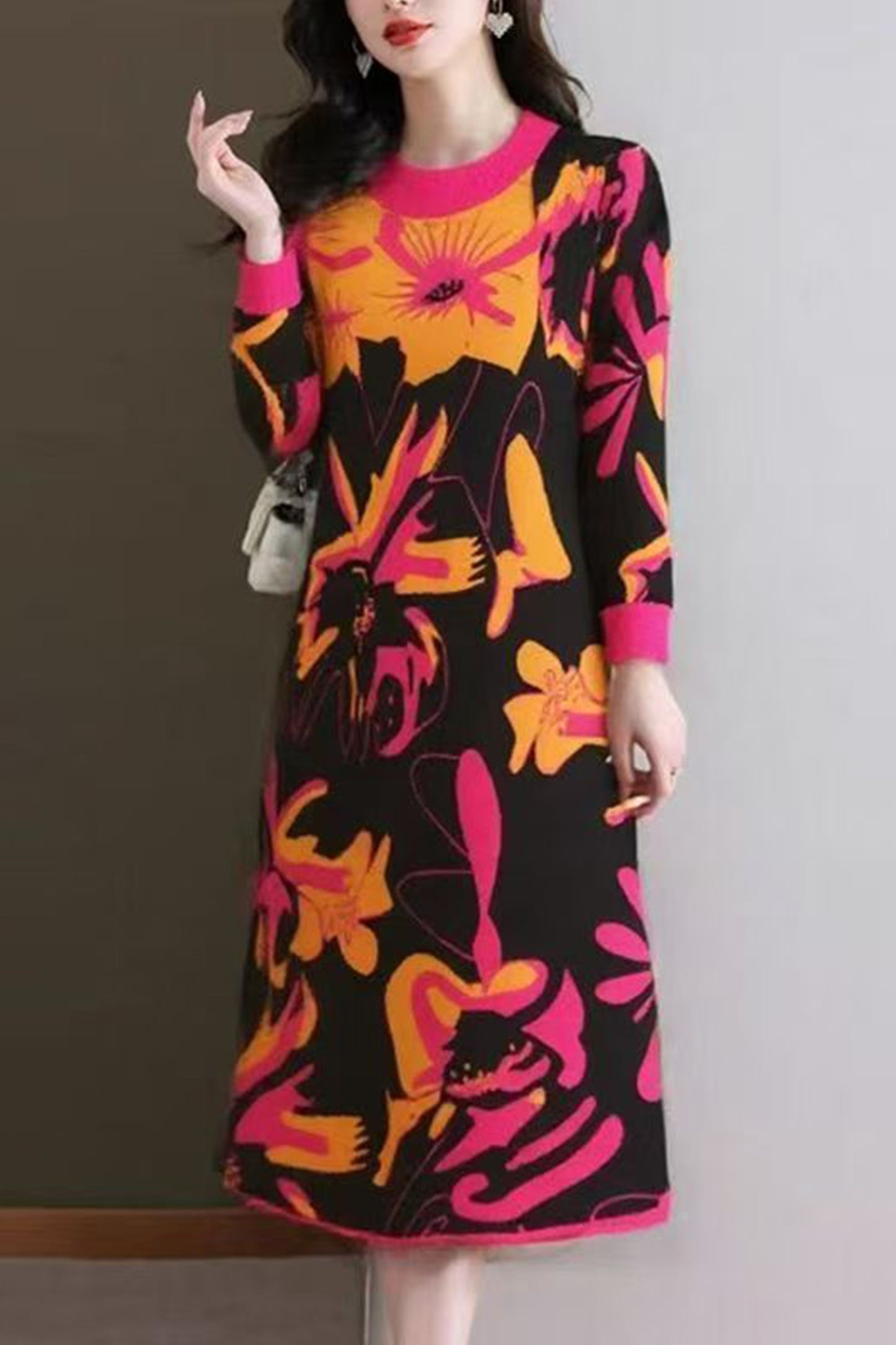 Women's Turtleneck Print Pullover Sweater Midi Dress