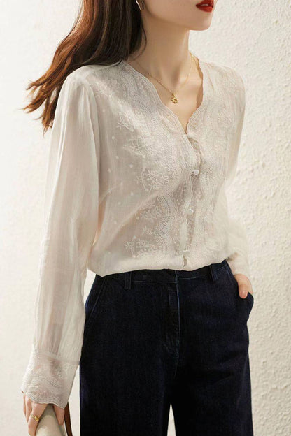 Women's V Neck Lace Crochet See Through Blouse