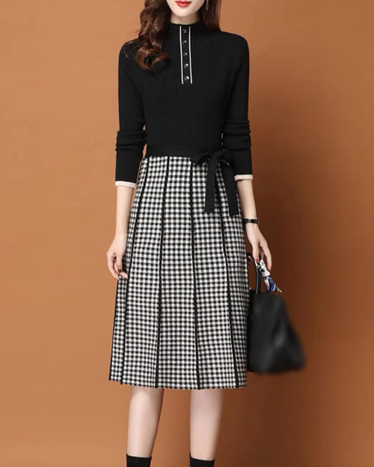 Elegant 2-in-1 Knit Dress: Turtleneck, Faux Button Detail & Plaid Pleated Dress
