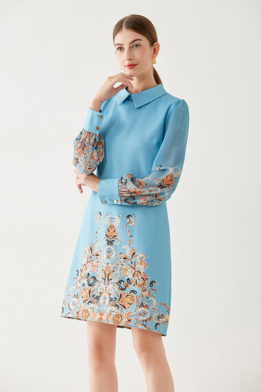 SSY-Women's Floral Chiffon Long Sleeve Mini Dress