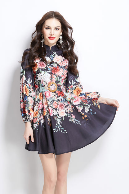 Women's Lantern Sleeve Floral Print Mini Dress