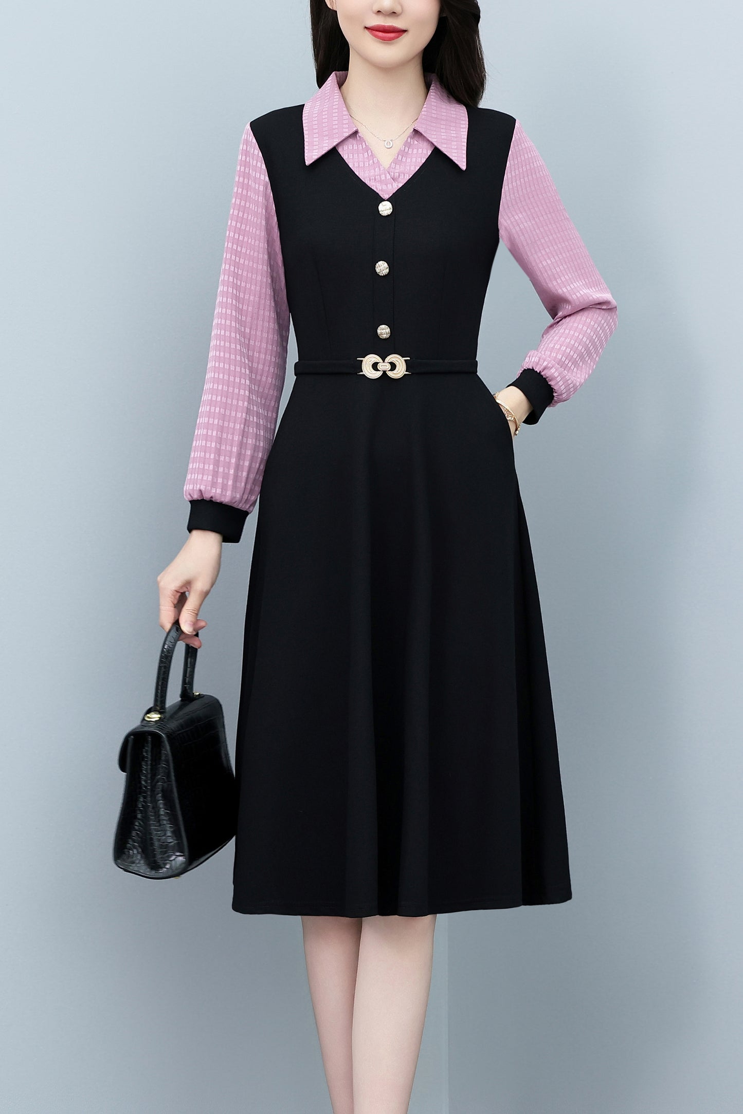 Women's Lapel V-Neck Pocket Long Sleeve Black Dress