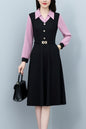 Women's Lapel V-Neck Pocket Long Sleeve Black Dress