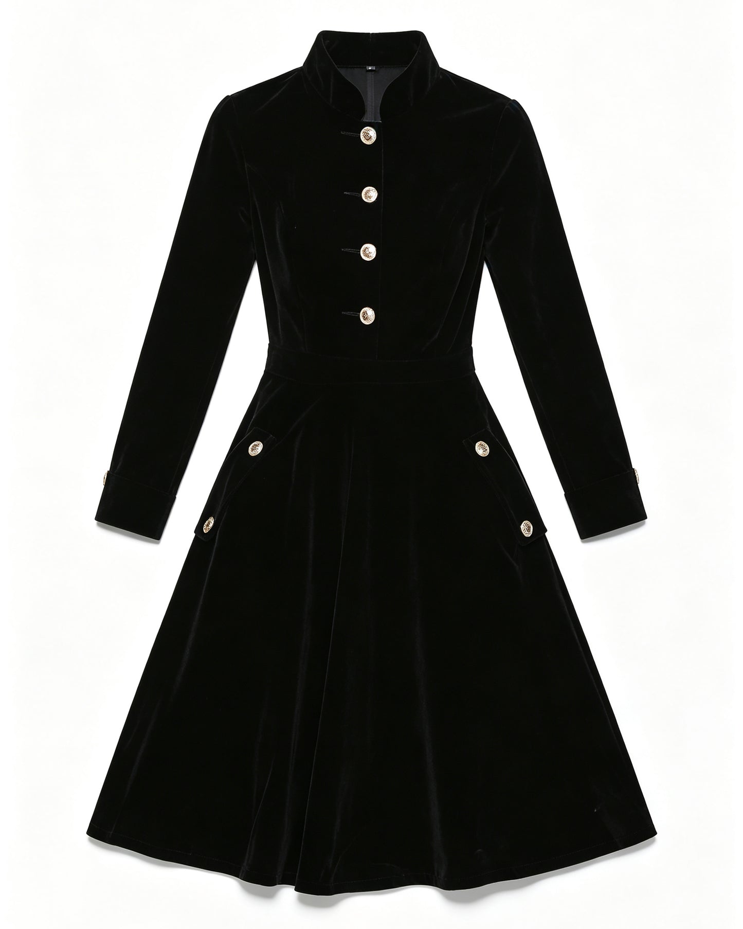 Black Velvet Stand-Collar Midi Dress with Gold Buttons & Pockets