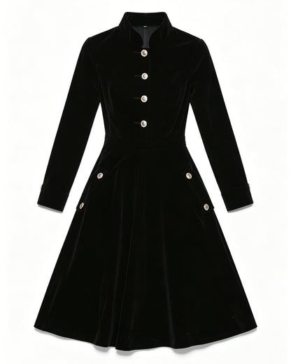 Black Velvet Stand-Collar Midi Dress with Gold Buttons & Pockets