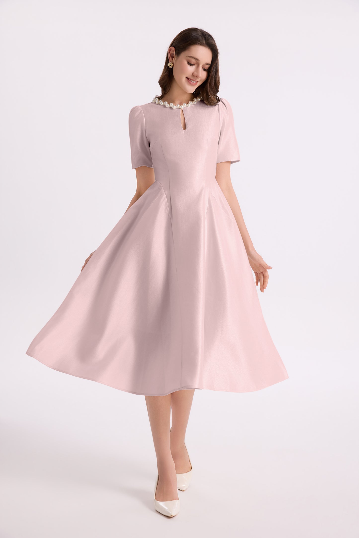 Elegant Pearl-Trim A-Line Midi Dress - LAI MENG FIVE CATS