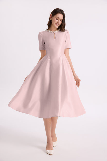 Elegant Pearl-Trim A-Line Midi Dress - LAI MENG FIVE CATS