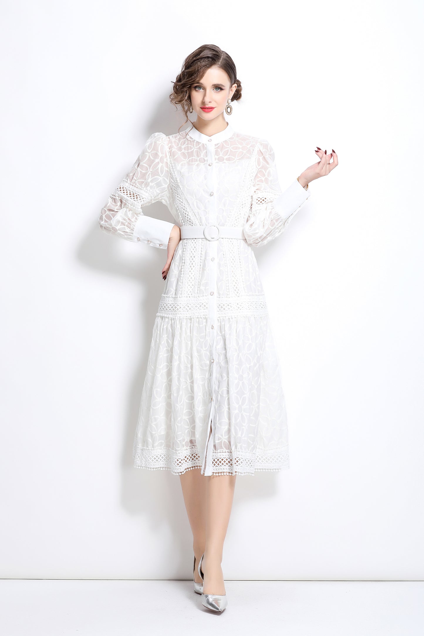 Lantern Sleeves Embroidery Button Midi Dress