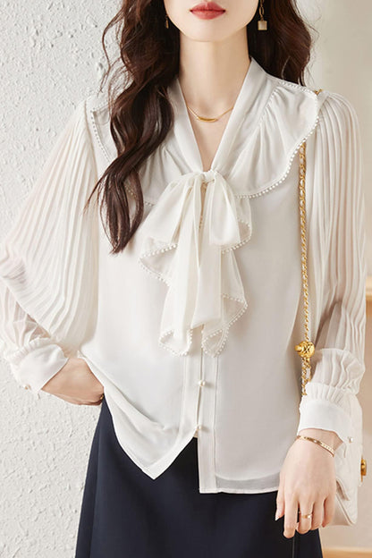 Ruffle Shirt Tie Neck Loose Blouse