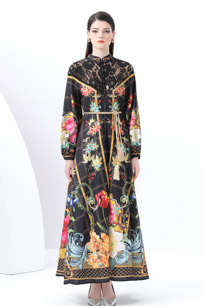 Women's Puff Sleeve Lace Floral Print Maxi Dress