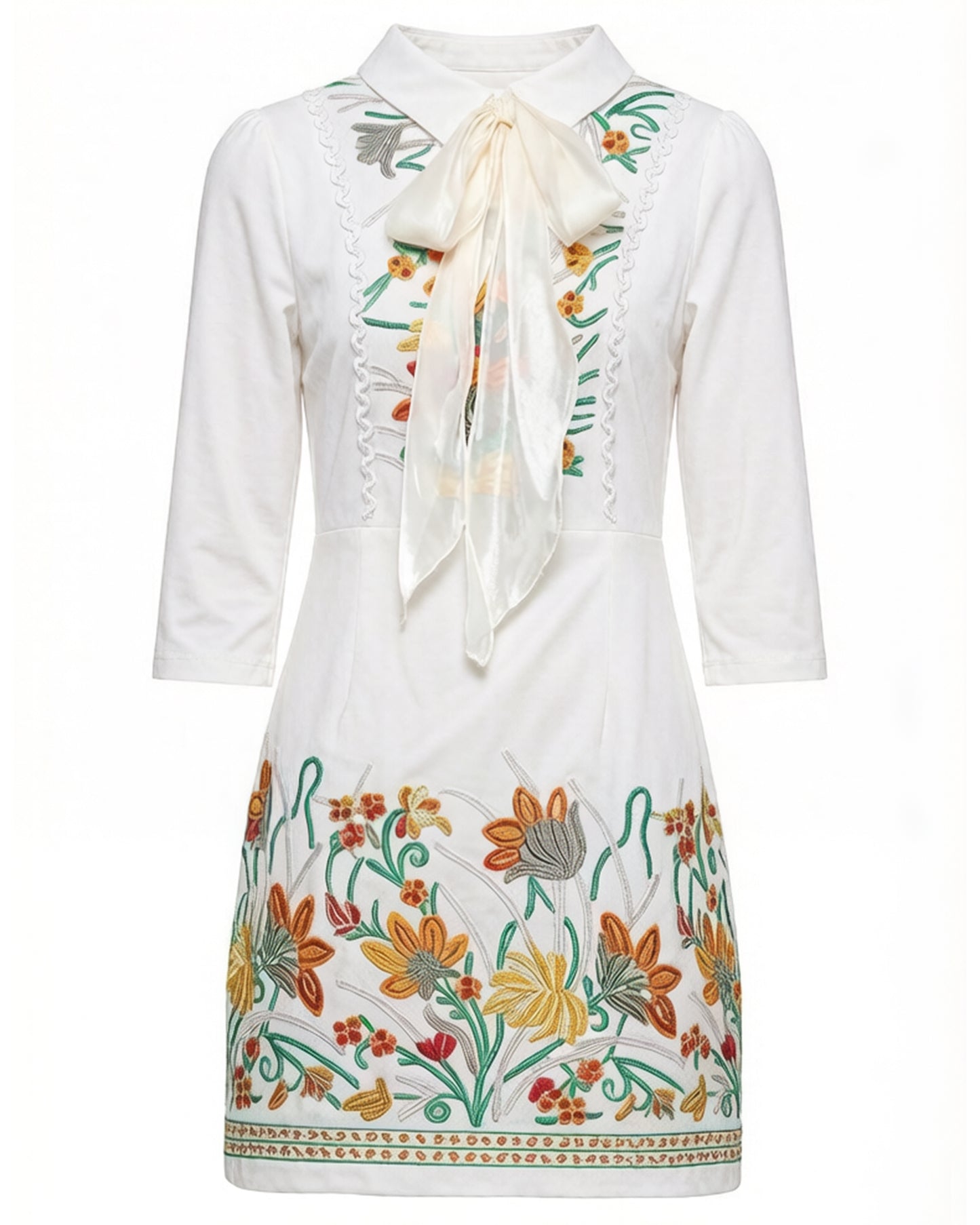 Embroidered Bow-Tie Mini Dress – White Floral