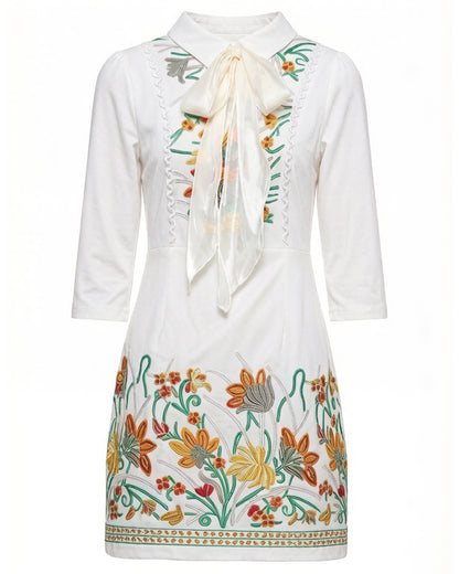 Embroidered Bow-Tie Mini Dress – White Floral