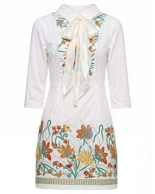 Embroidered Bow-Tie Mini Dress – White Floral