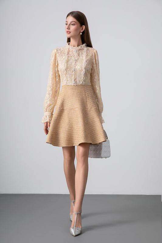 Lace Panel Tweed Beaded Bell Sleeves Dress