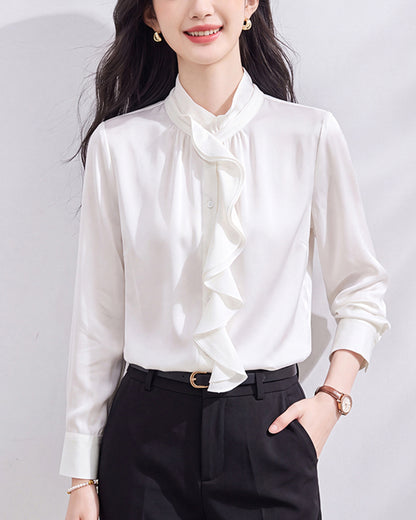 Classic Ruffle Front Stand Collar Blouse