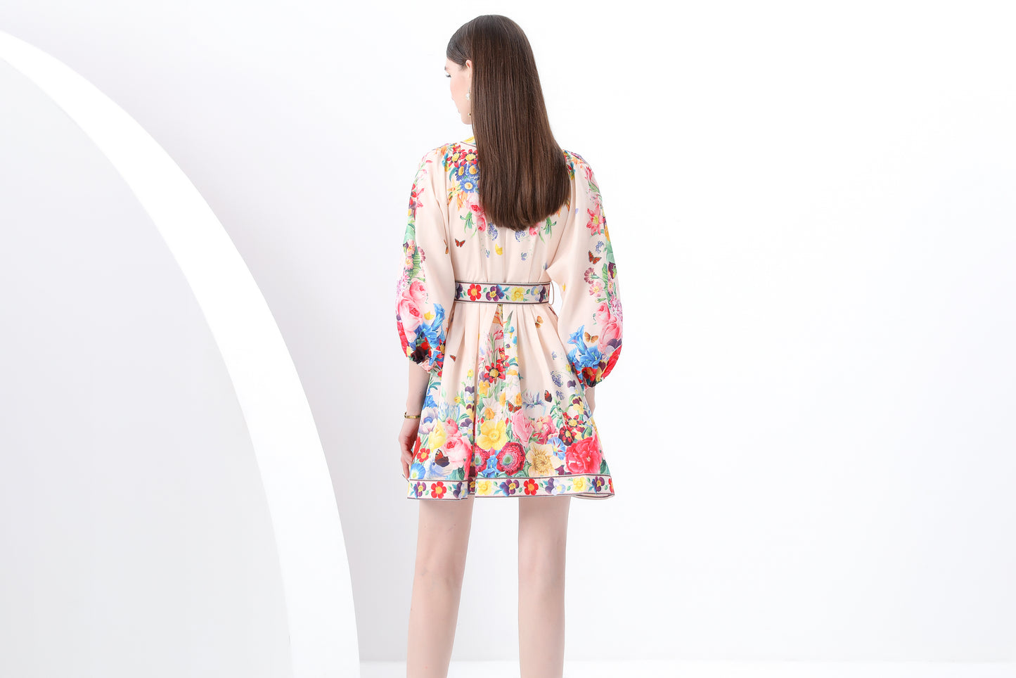 Women's V-Neck Floral Print Lantern Sleeve Mini Dress