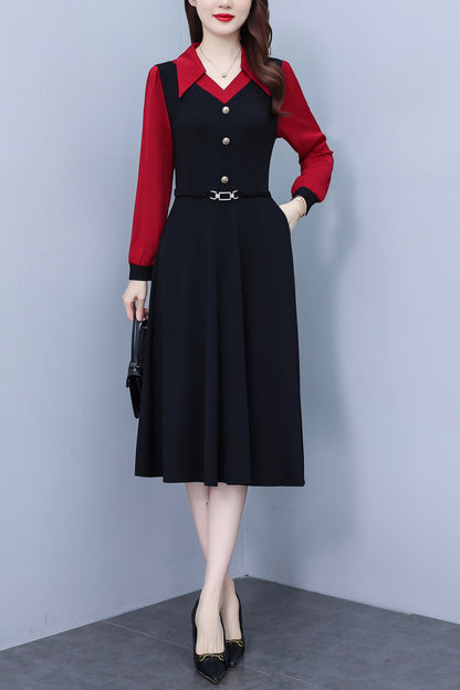 Women's V-Neck with Pockets Long Sleeve Black Dress