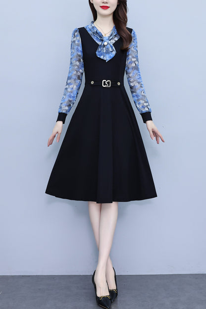 Women's V-Neck Long Sleeve Patchwork Black Dress