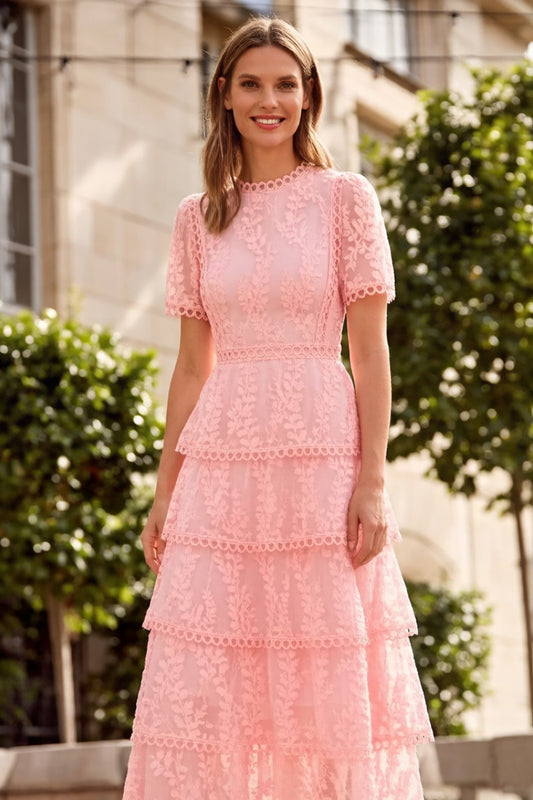 Embroidered Mesh Short Sleeve Tiered Layed Maxi Dress