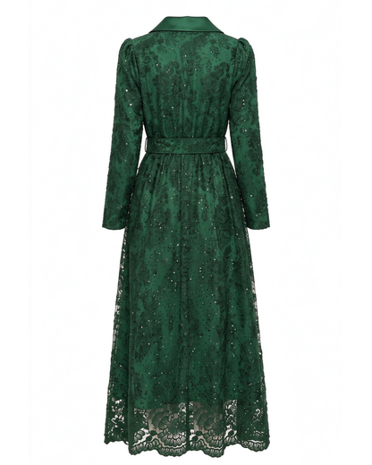 28680-Lace Belted Blazer Dress – Pink & Forest Green | Long Sleeve A-Line Dress
