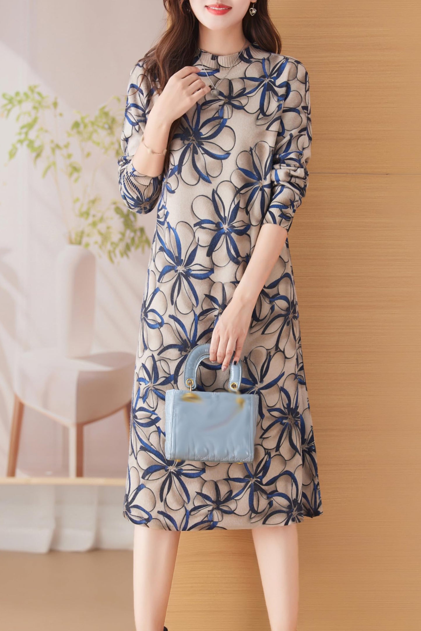 Knit Stretch Pattern Pullover Midi Dress