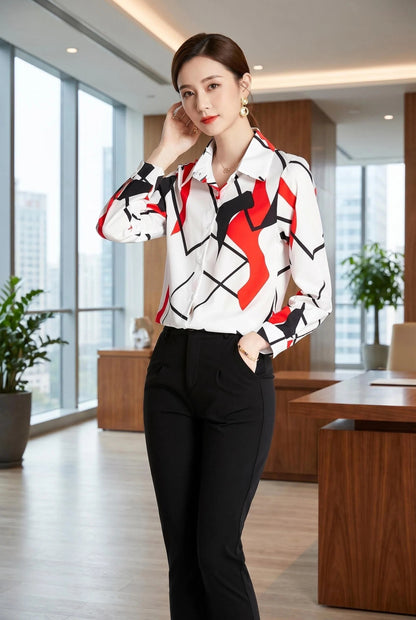 ESY-Women's Long Sleeve Lapel Collar Print Button Blouse - LAI MENG FIVE CATS