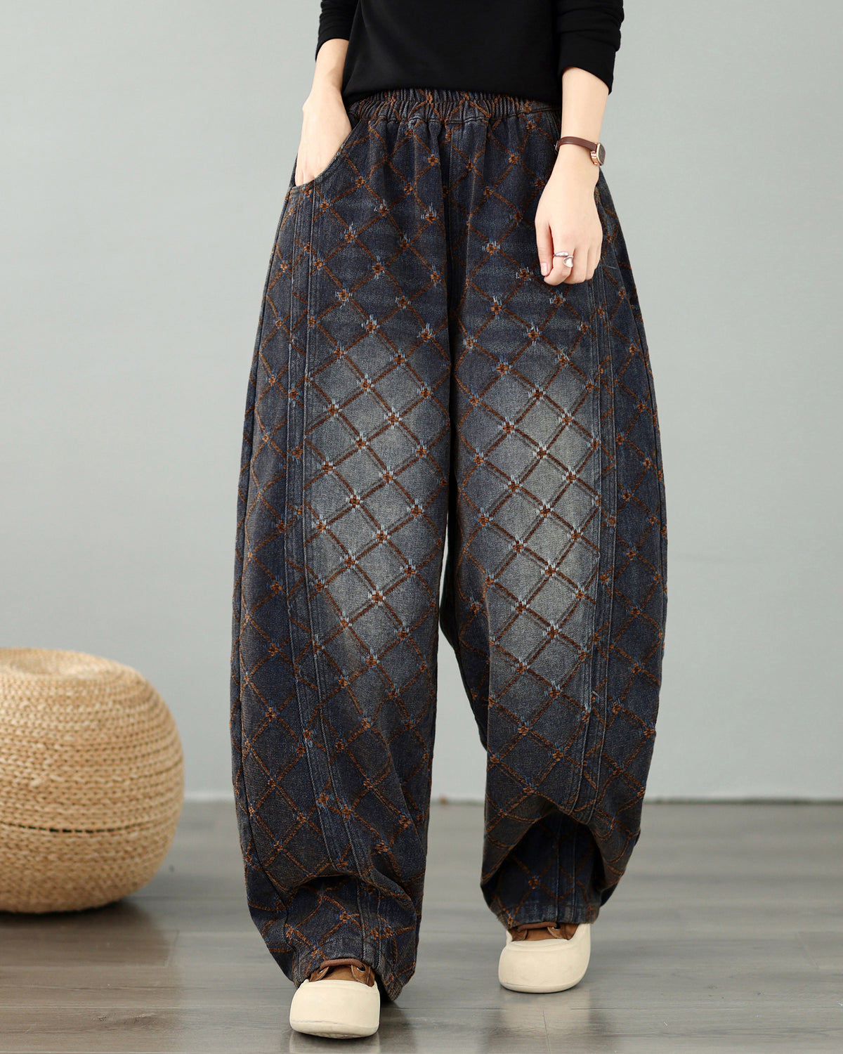 28673-Vintage Plaid Denim Wide Leg Pants with Elastic Waist