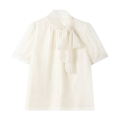 Elegant Bow Tie Pearl Accent Blouse