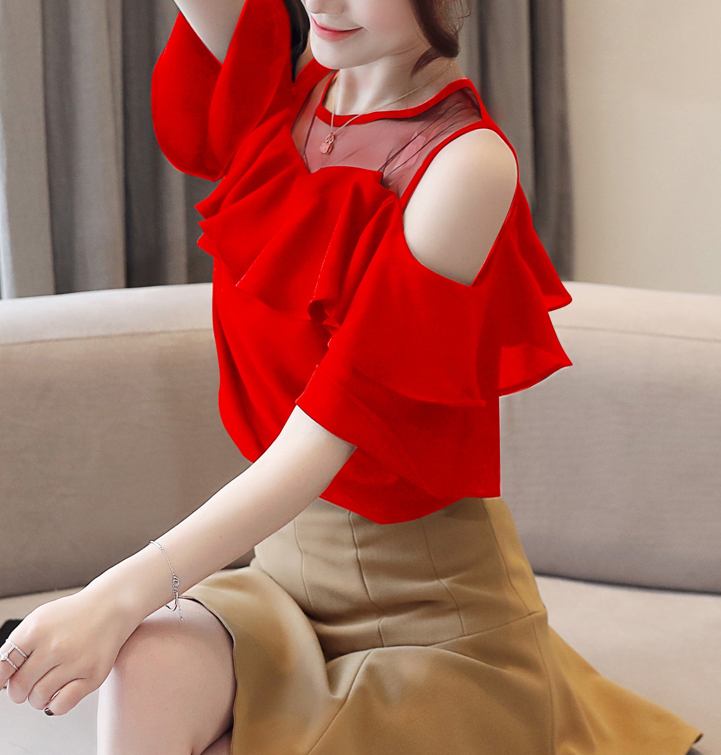 Cold Shoulder Chiffon Ruffle Top | Elegant Summer Statement Blouse